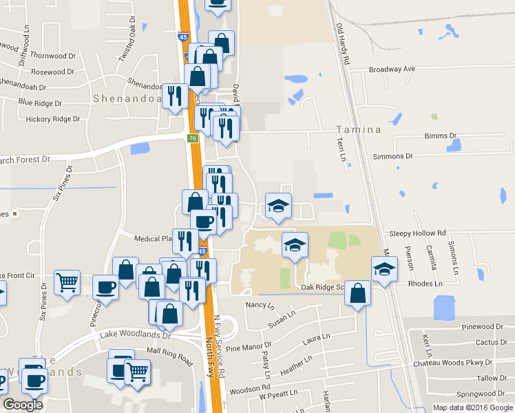 map of restaurants, bars, coffee shops, grocery stores, and more near 19445 David Memorial Drive in Conroe