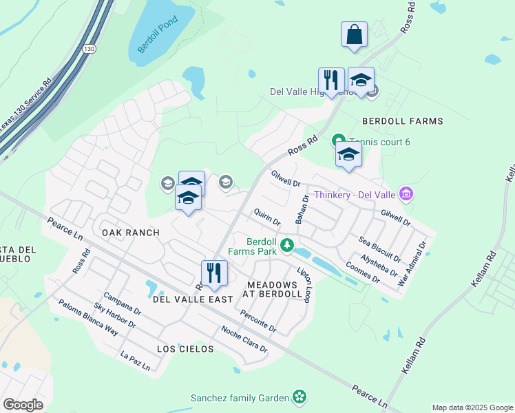 map of restaurants, bars, coffee shops, grocery stores, and more near 12722 Quirin Drive in Del Valle