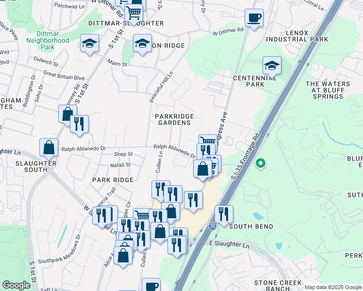 map of restaurants, bars, coffee shops, grocery stores, and more near 8533 Chick Pea Lane in Austin