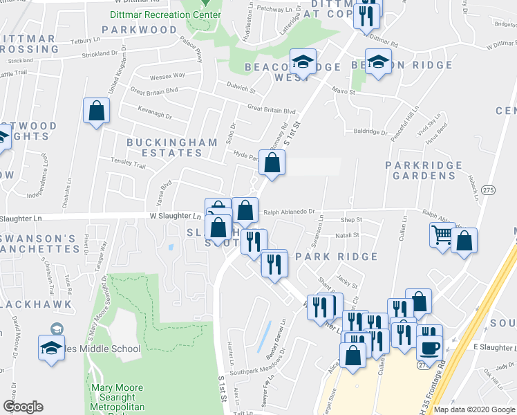 map of restaurants, bars, coffee shops, grocery stores, and more near 8901 Ralph Ablanedo Drive in Austin