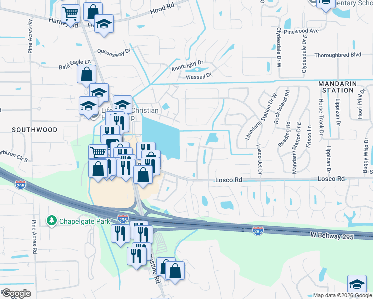 map of restaurants, bars, coffee shops, grocery stores, and more near Mill Pond Ct in Jacksonville