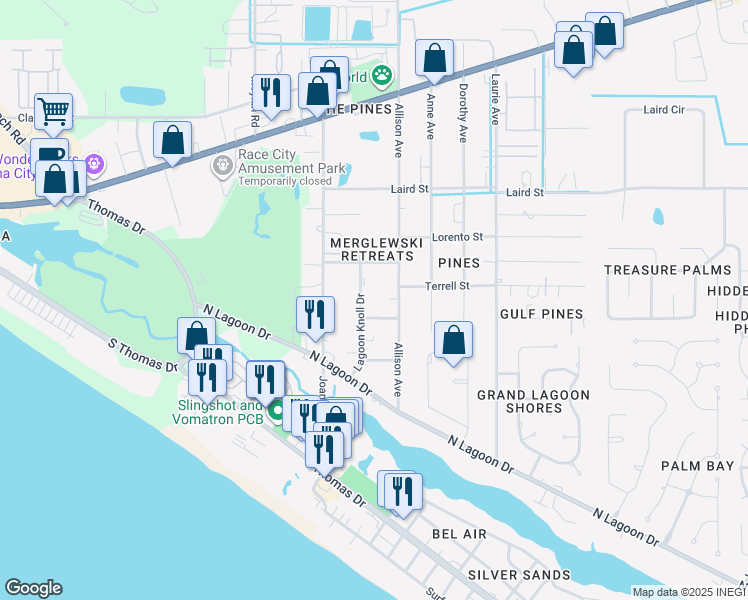 map of restaurants, bars, coffee shops, grocery stores, and more near 9032 Banyan Beach Drive in Panama City Beach