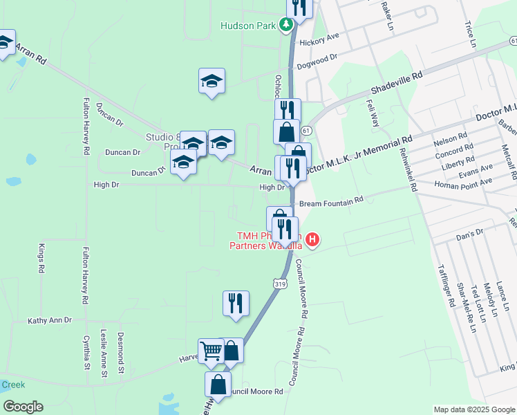 map of restaurants, bars, coffee shops, grocery stores, and more near 23 Old Courthouse Way in Crawfordville