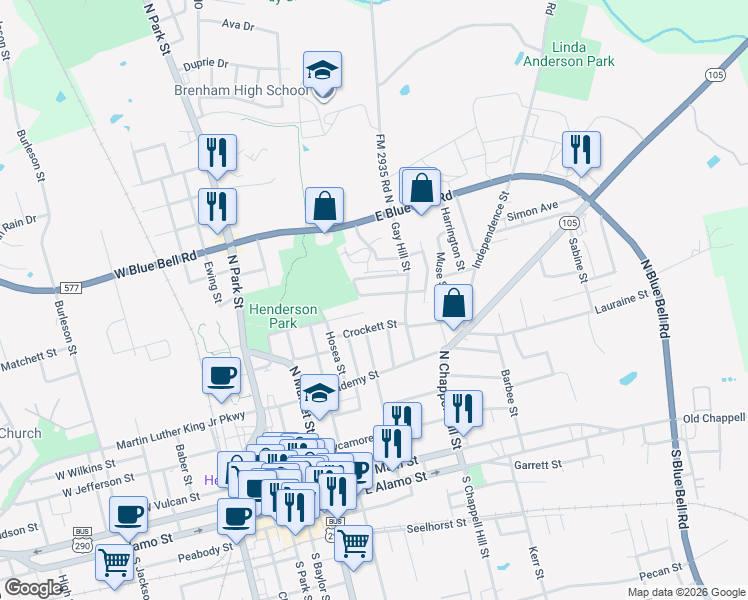 map of restaurants, bars, coffee shops, grocery stores, and more near 519 Riggs Street in Brenham