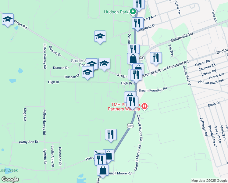 map of restaurants, bars, coffee shops, grocery stores, and more near 30 Old Courthouse Way in Crawfordville