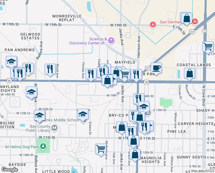 map of restaurants, bars, coffee shops, grocery stores, and more near 241 15th Street in Panama City
