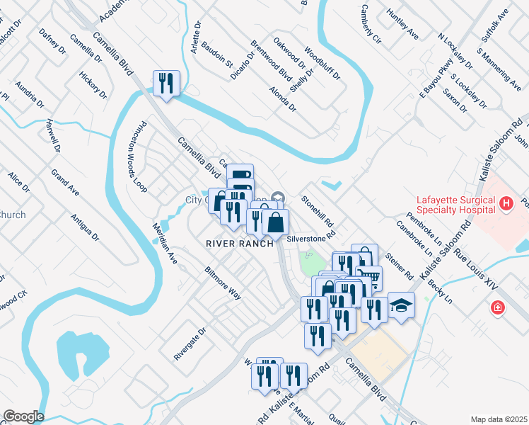 map of restaurants, bars, coffee shops, grocery stores, and more near 1102 Camellia Boulevard in Lafayette