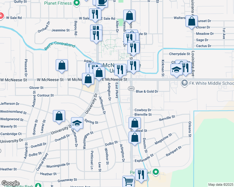 map of restaurants, bars, coffee shops, grocery stores, and more near 162 East Parkway in Lake Charles