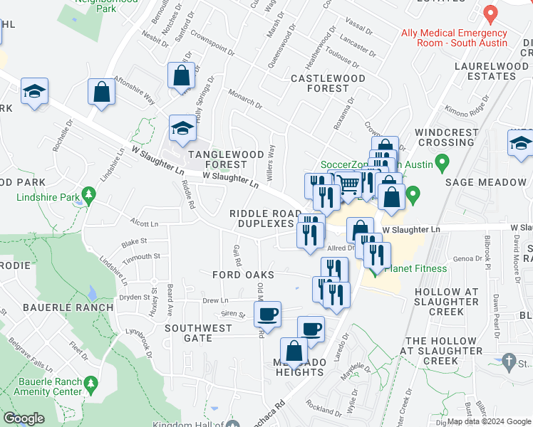 map of restaurants, bars, coffee shops, grocery stores, and more near 2405 Allred Drive in Austin