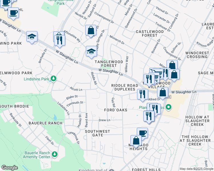 map of restaurants, bars, coffee shops, grocery stores, and more near 2502 Riddle Road in Austin