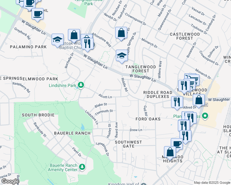 map of restaurants, bars, coffee shops, grocery stores, and more near 2612 Alcott Lane in Austin