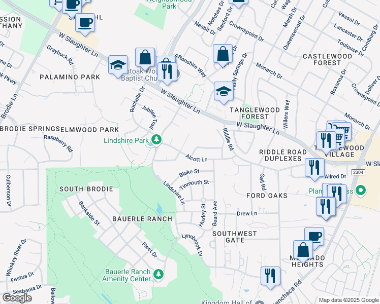 map of restaurants, bars, coffee shops, grocery stores, and more near 2653 Alcott Lane in Austin