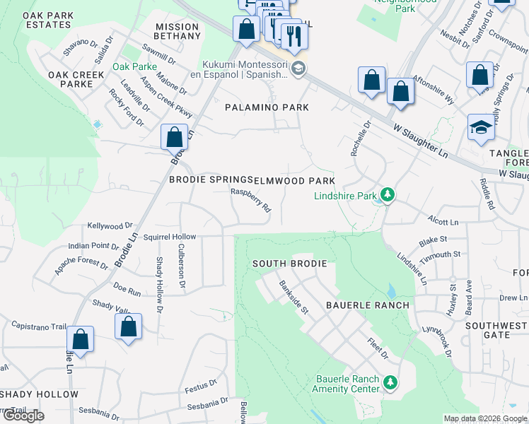 map of restaurants, bars, coffee shops, grocery stores, and more near 3113 Raspberry Road in Austin