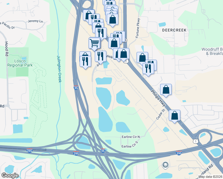 map of restaurants, bars, coffee shops, grocery stores, and more near 10654 Towns Way in Jacksonville
