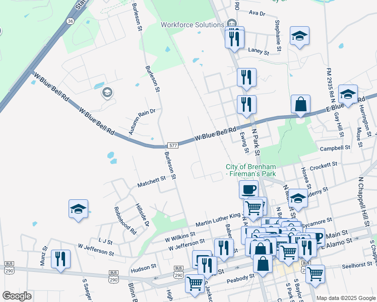 map of restaurants, bars, coffee shops, grocery stores, and more near 1000 Burleson Street in Brenham
