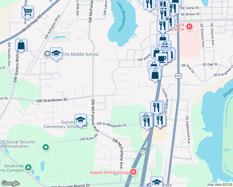map of restaurants, bars, coffee shops, grocery stores, and more near 620 Southwest Grandview Street in Lake City