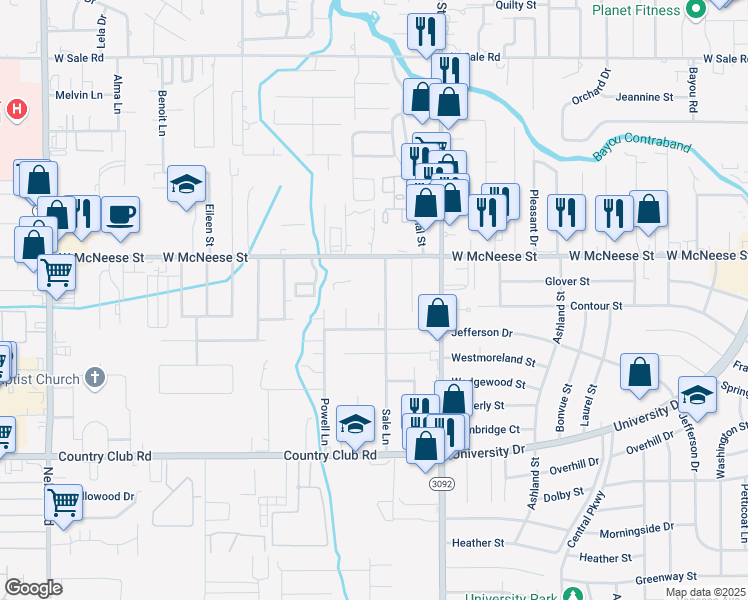 map of restaurants, bars, coffee shops, grocery stores, and more near 4532 Sale Lane in Lake Charles