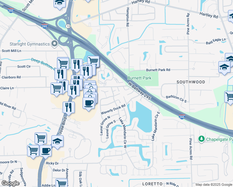 map of restaurants, bars, coffee shops, grocery stores, and more near 3407 Fairbanks Grant Road North in Jacksonville