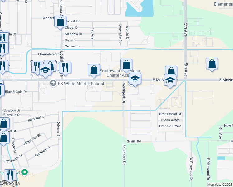 map of restaurants, bars, coffee shops, grocery stores, and more near 5355 Southpark Drive in Lake Charles