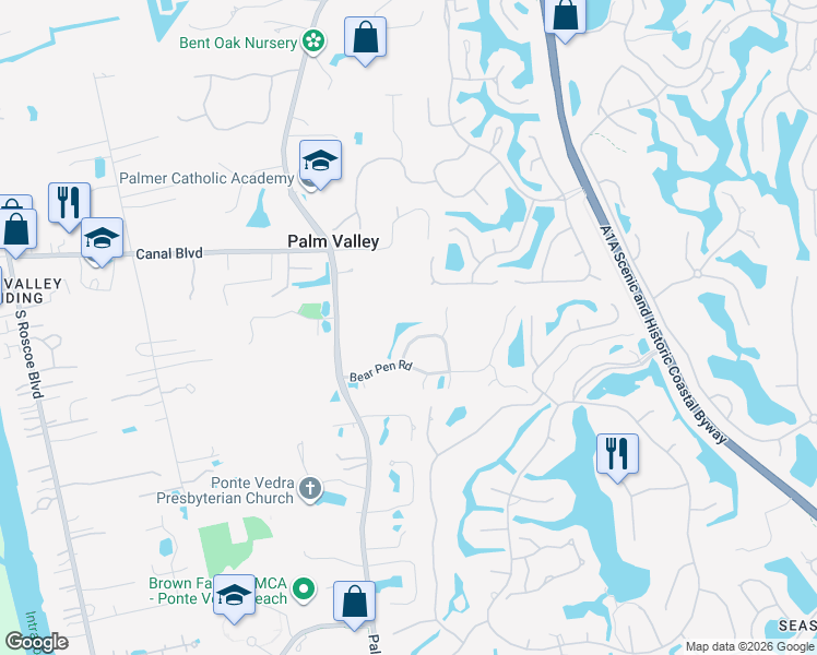 map of restaurants, bars, coffee shops, grocery stores, and more near 233 Shell Bluff Court in Ponte Vedra Beach
