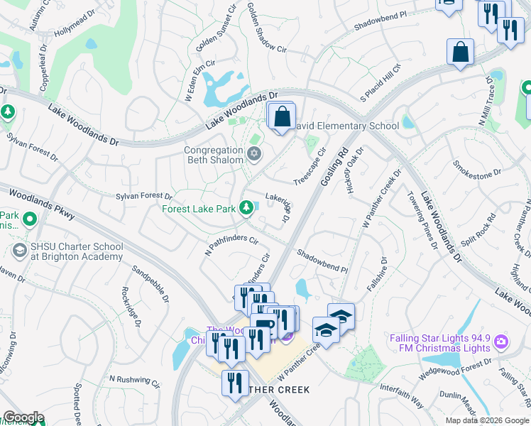 map of restaurants, bars, coffee shops, grocery stores, and more near 99 Lakeridge Drive in Spring