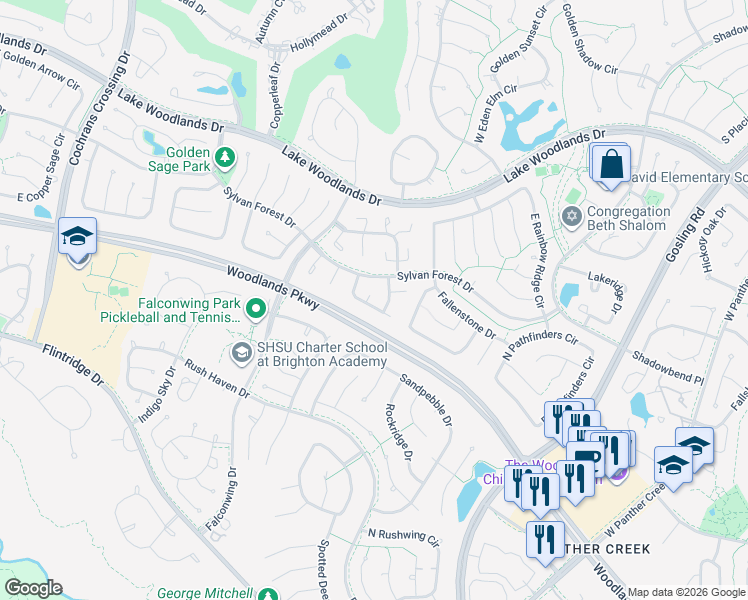 map of restaurants, bars, coffee shops, grocery stores, and more near 106 East Cobble Hill Circle in The Woodlands