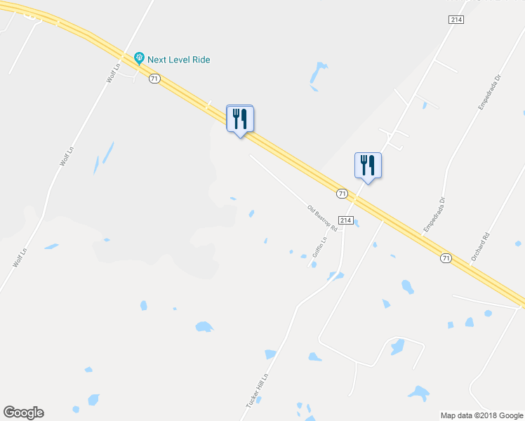 map of restaurants, bars, coffee shops, grocery stores, and more near 223 Old Bastrop Road in Cedar Creek