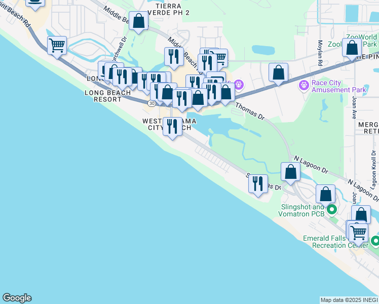 map of restaurants, bars, coffee shops, grocery stores, and more near 9850 South Thomas Drive in Panama City Beach