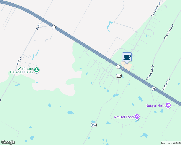 map of restaurants, bars, coffee shops, grocery stores, and more near 223 Old Bastrop Road in Cedar Creek