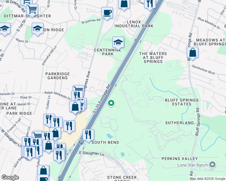 map of restaurants, bars, coffee shops, grocery stores, and more near 8221 North Interstate Highway 35 in Austin