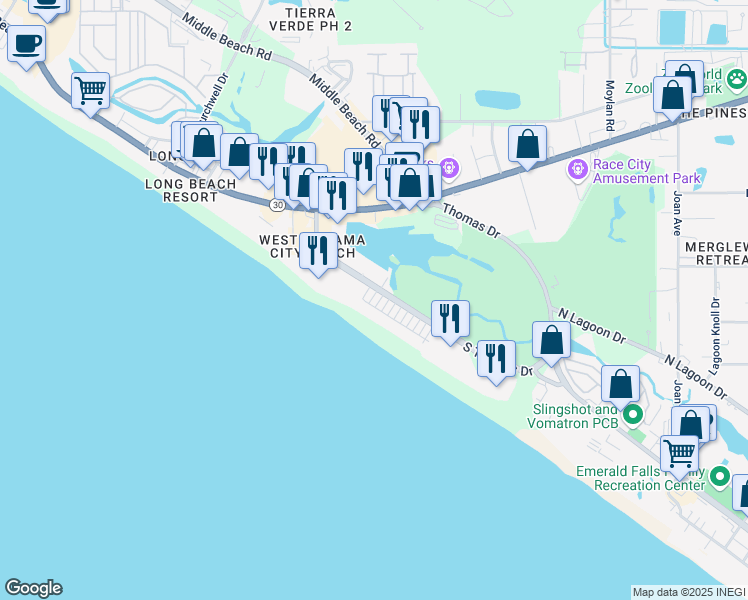 map of restaurants, bars, coffee shops, grocery stores, and more near 9812 Beach Boulevard in Panama City