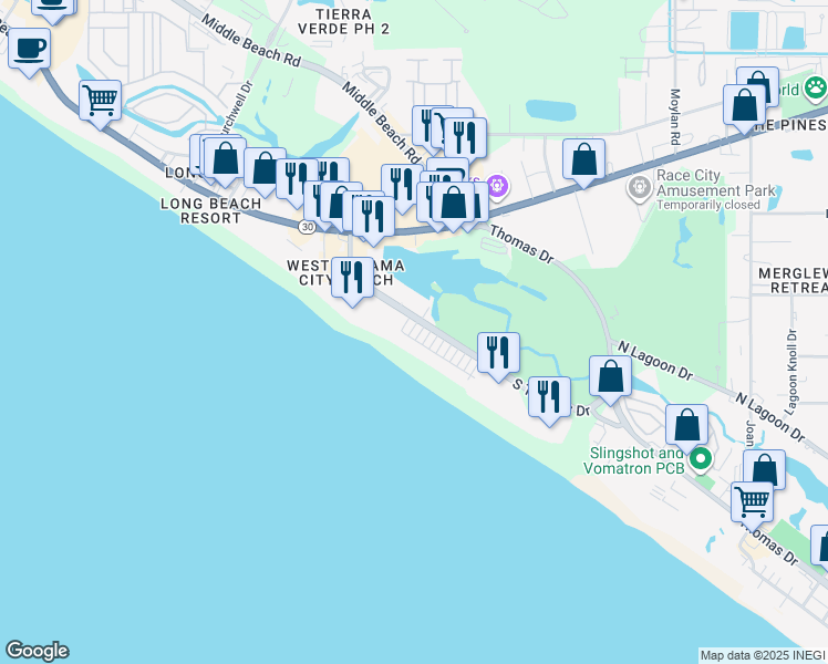 map of restaurants, bars, coffee shops, grocery stores, and more near 9815 Beach Boulevard in Panama City