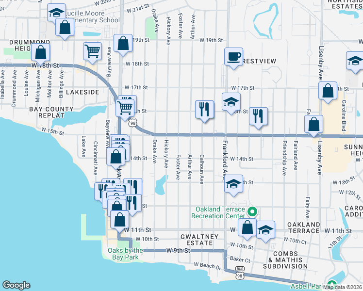 map of restaurants, bars, coffee shops, grocery stores, and more near 1403 Foster Avenue in Panama City