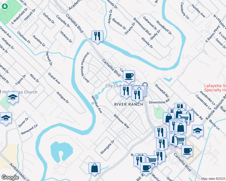 map of restaurants, bars, coffee shops, grocery stores, and more near 101 Bradbury Crossing in Lafayette