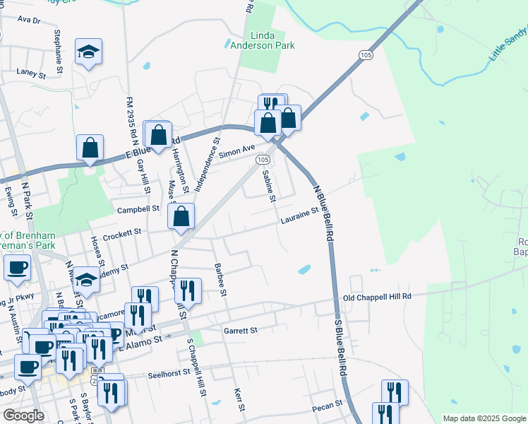 map of restaurants, bars, coffee shops, grocery stores, and more near 1505 Lauraine Street in Brenham