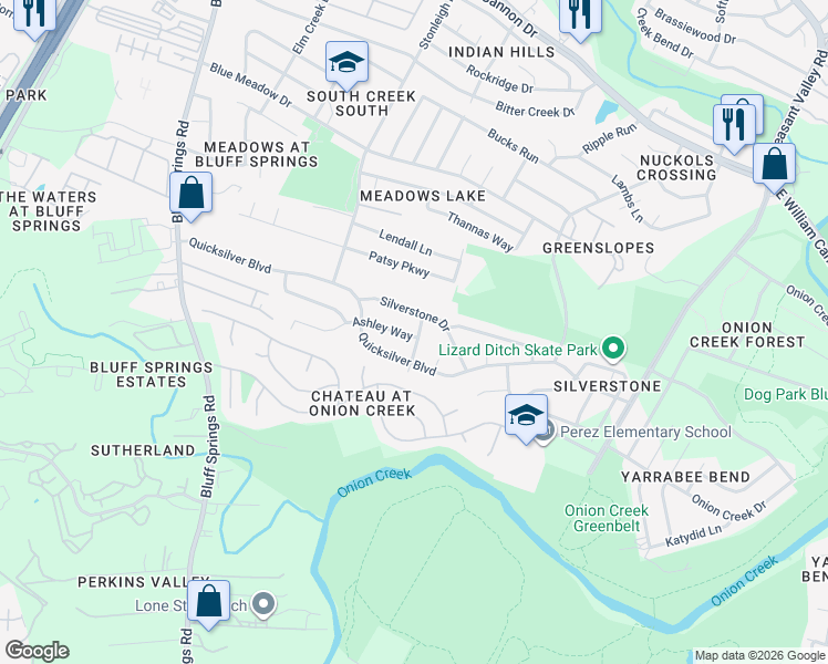 map of restaurants, bars, coffee shops, grocery stores, and more near 7414 Poinsetta Lane in Austin
