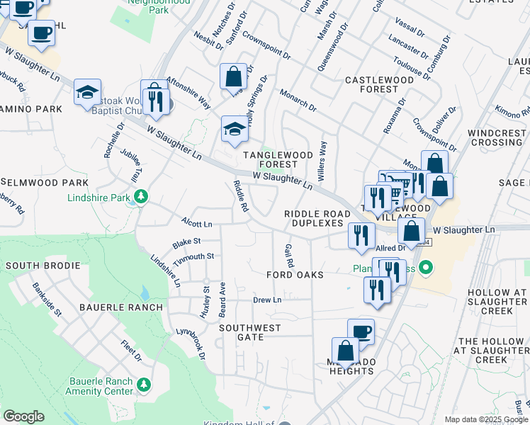 map of restaurants, bars, coffee shops, grocery stores, and more near 2502 Riddle Road in Austin