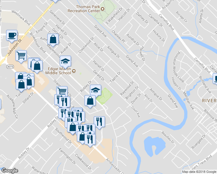 map of restaurants, bars, coffee shops, grocery stores, and more near 700 Gerald Drive in Lafayette