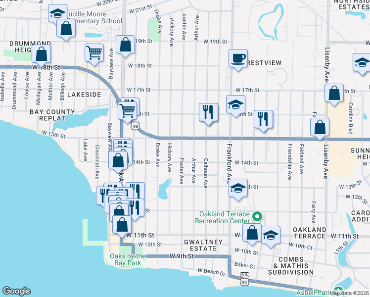 map of restaurants, bars, coffee shops, grocery stores, and more near 1403 Foster Avenue in Panama City