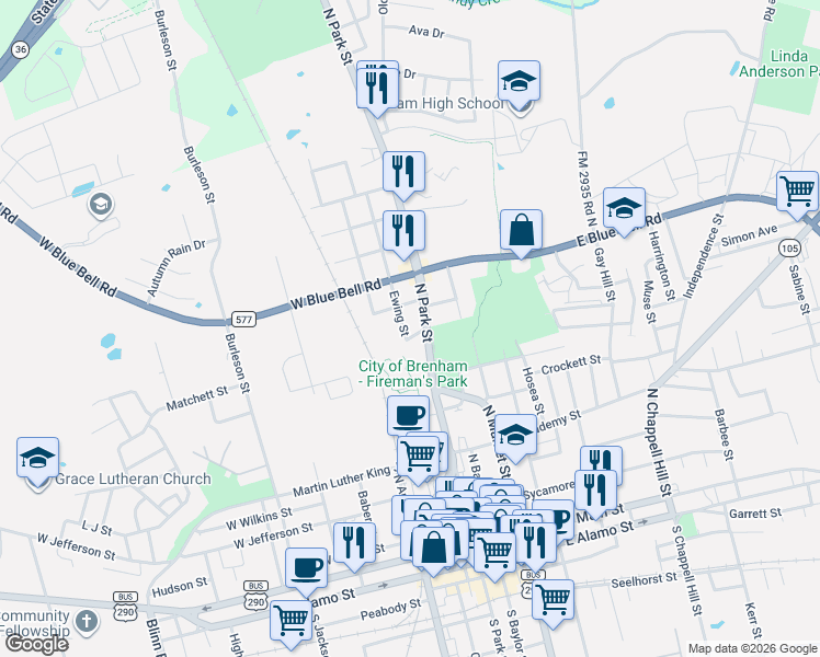 map of restaurants, bars, coffee shops, grocery stores, and more near 904 Ewing Street in Brenham