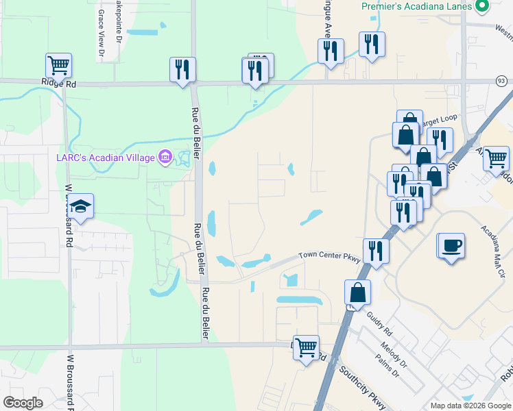 map of restaurants, bars, coffee shops, grocery stores, and more near 223 Town Center Parkway in Lafayette