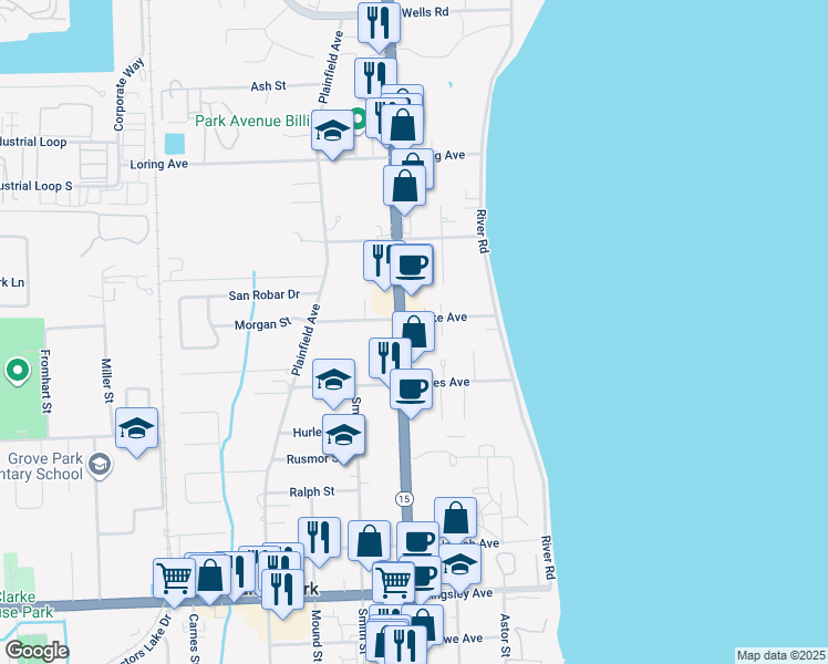 map of restaurants, bars, coffee shops, grocery stores, and more near 1217 Park Avenue in Orange Park