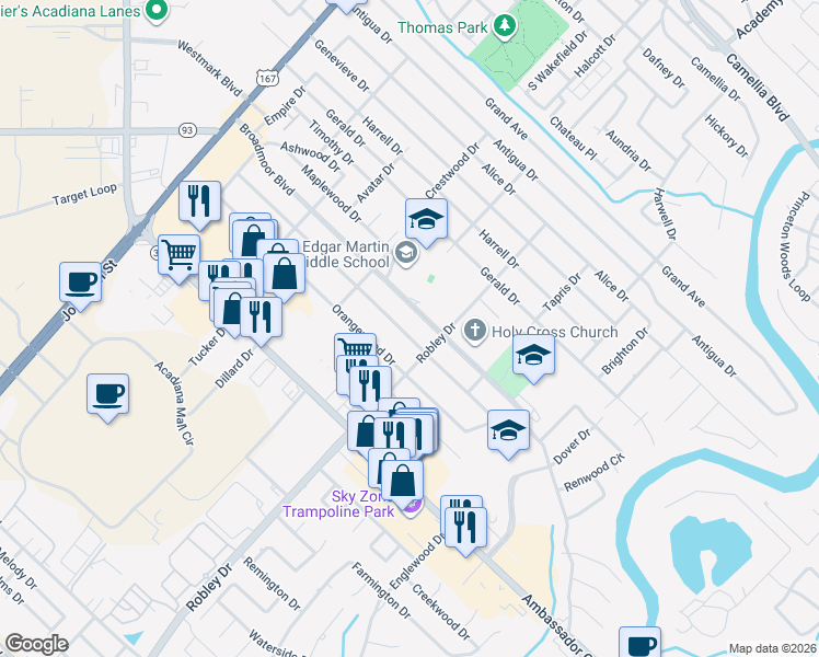 map of restaurants, bars, coffee shops, grocery stores, and more near 321 Elmwood Drive in Lafayette