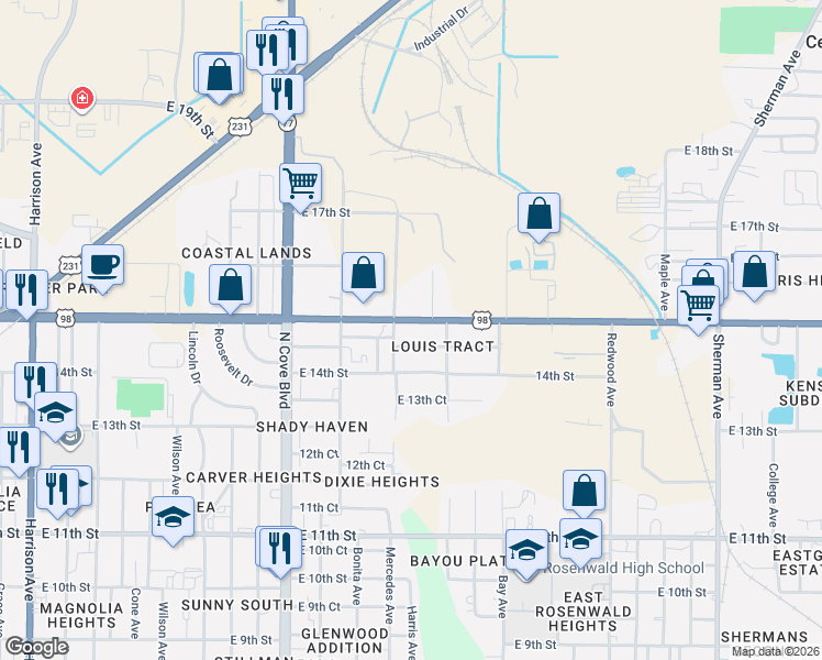 map of restaurants, bars, coffee shops, grocery stores, and more near 1004 East 14th Court in Panama City