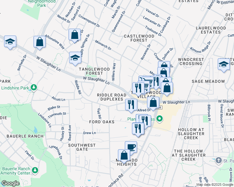 map of restaurants, bars, coffee shops, grocery stores, and more near 2405 Allred Drive in Austin