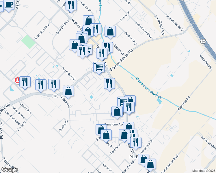 map of restaurants, bars, coffee shops, grocery stores, and more near 2903 West Pinhook Road in Lafayette