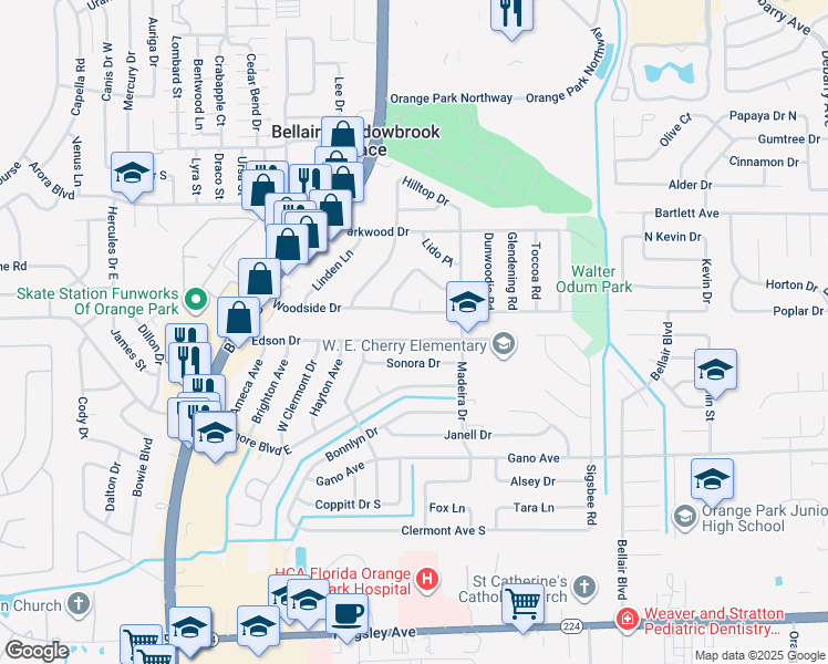 map of restaurants, bars, coffee shops, grocery stores, and more near 357 Edson Drive in Orange Park