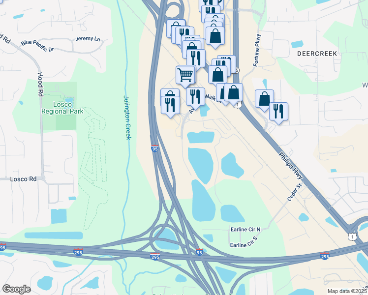 map of restaurants, bars, coffee shops, grocery stores, and more near 10460 Avenues Walk Boulevard in Jacksonville