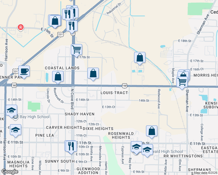 map of restaurants, bars, coffee shops, grocery stores, and more near 1500-1602 Mercedes Ave in Panama City