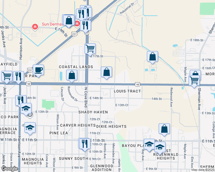 map of restaurants, bars, coffee shops, grocery stores, and more near 823 East 15th Street in Panama City